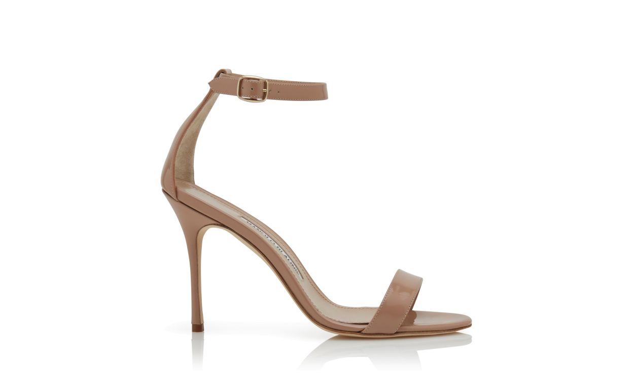 Beige Patent Leather Ankle Strap Sandals