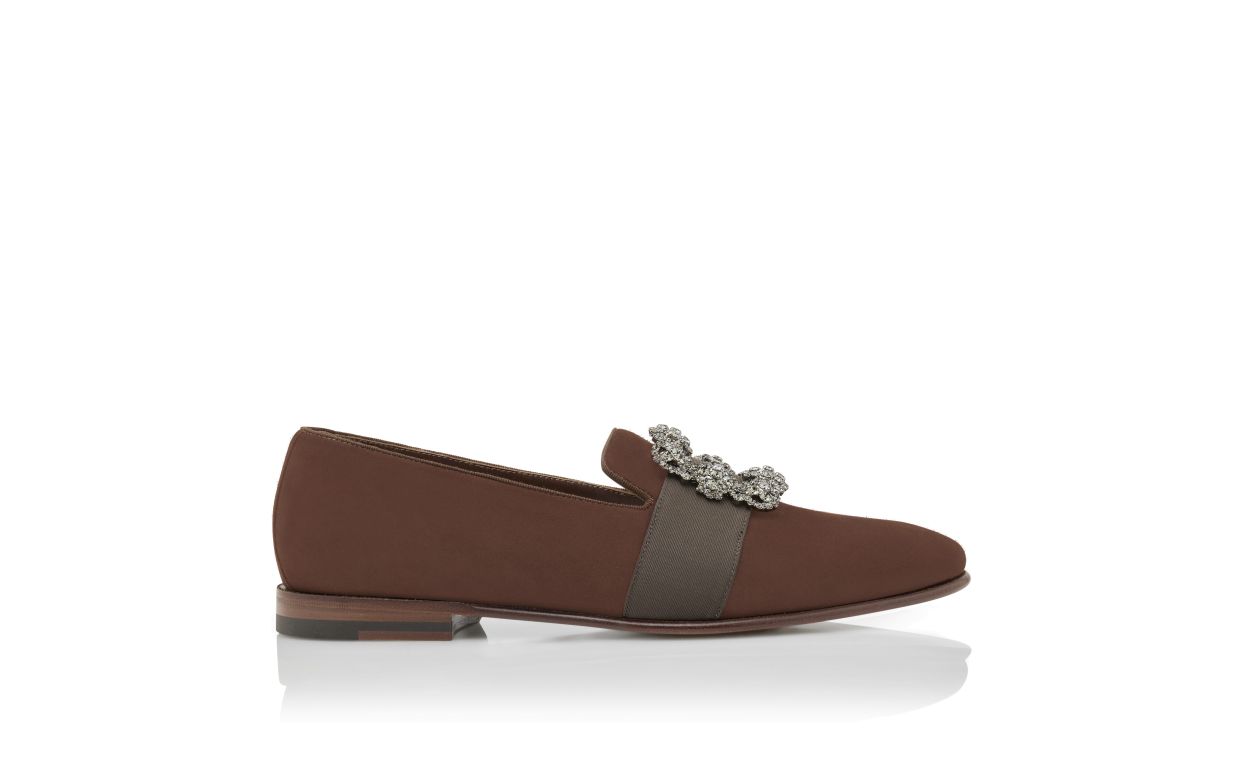 Brown Suede Jewel Buckle Loafers