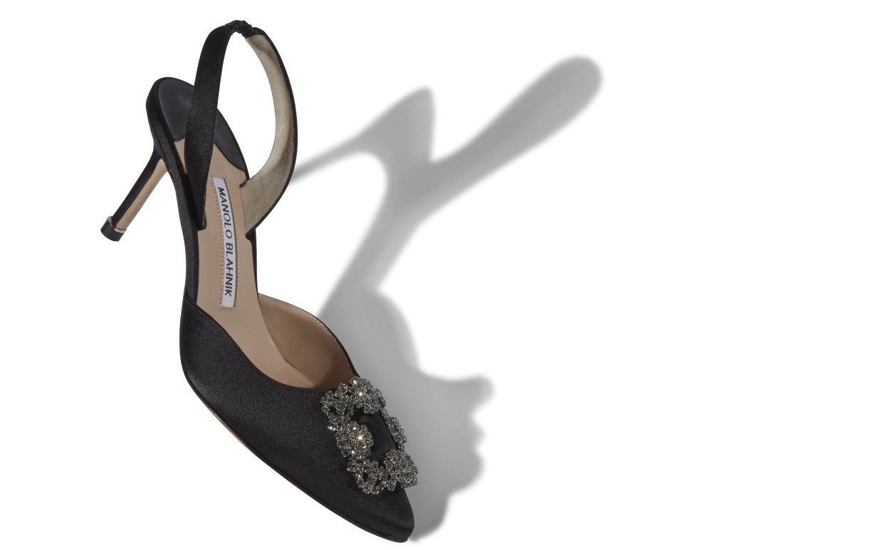 Black Satin Jewel Buckle Slingback Pumps