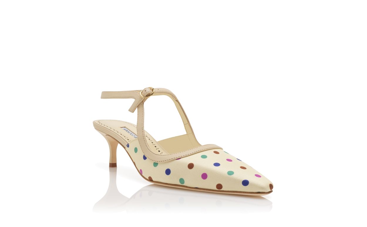 Cream Silk Polka Dot Ankle Strap Pumps
