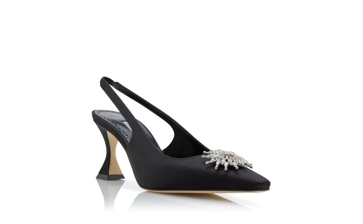 Black Satin Crystal Embellished Slingback Pumps