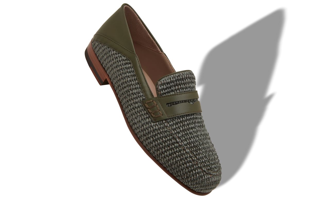 Dark Green Raffia Penny Loafers