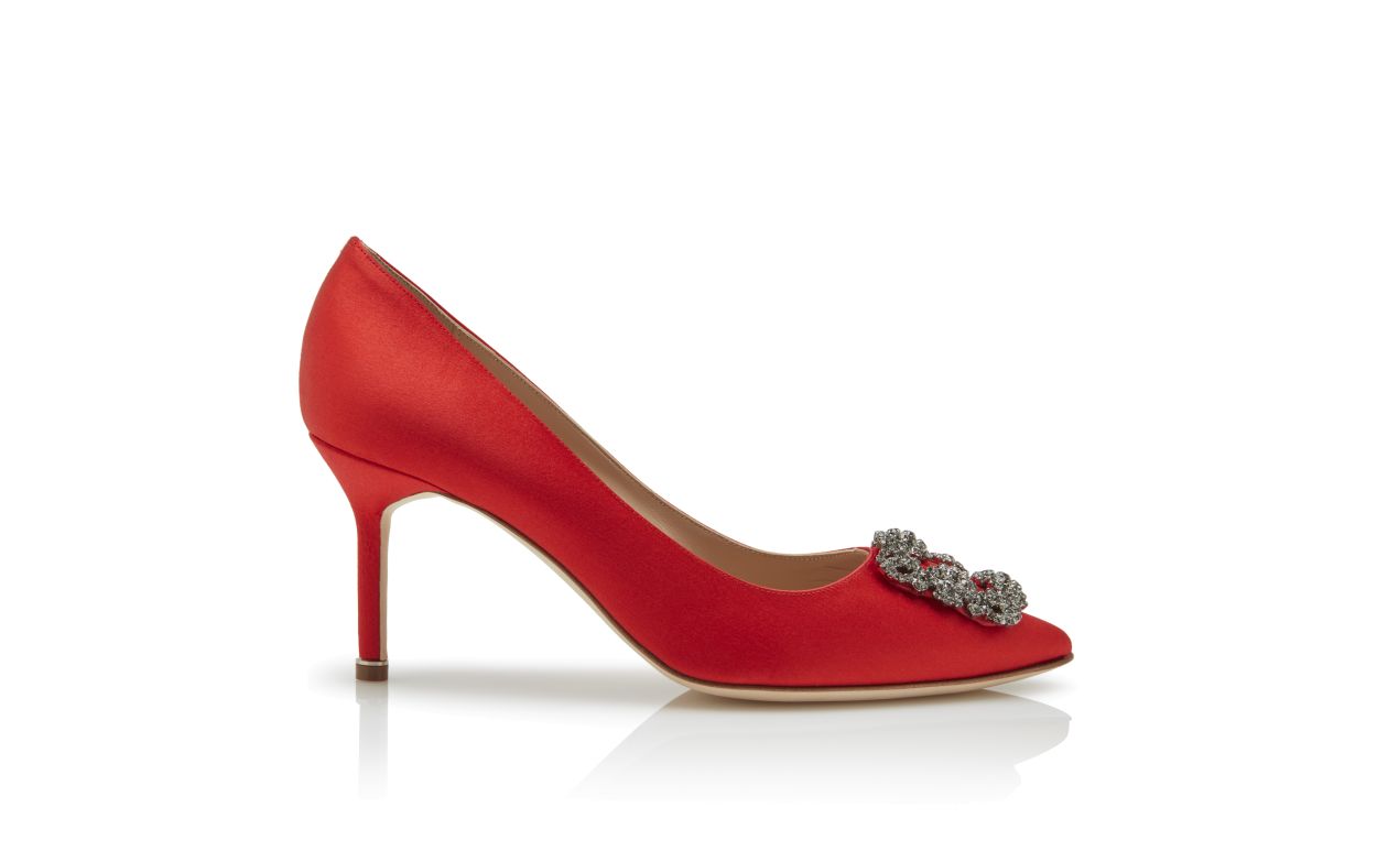 Red Satin Jewel Buckle Pumps