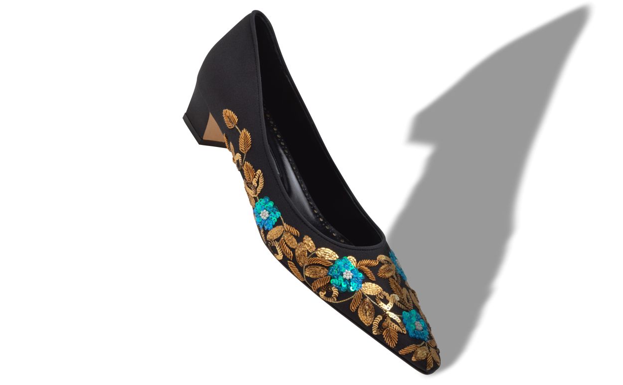 Black Crepe de Chine Embroidered Pumps