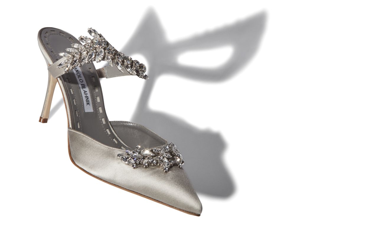 Grey Satin Crystal Embellished Mules