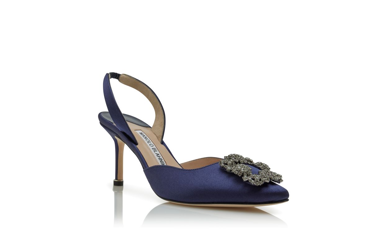 Navy Blue Satin Jewel Buckle Slingback Pumps