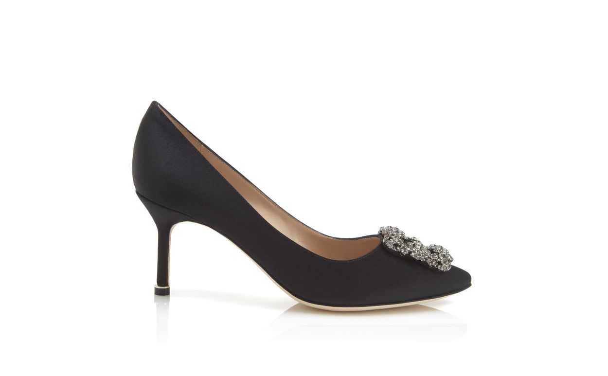 Black Satin Jewel Buckle Pumps