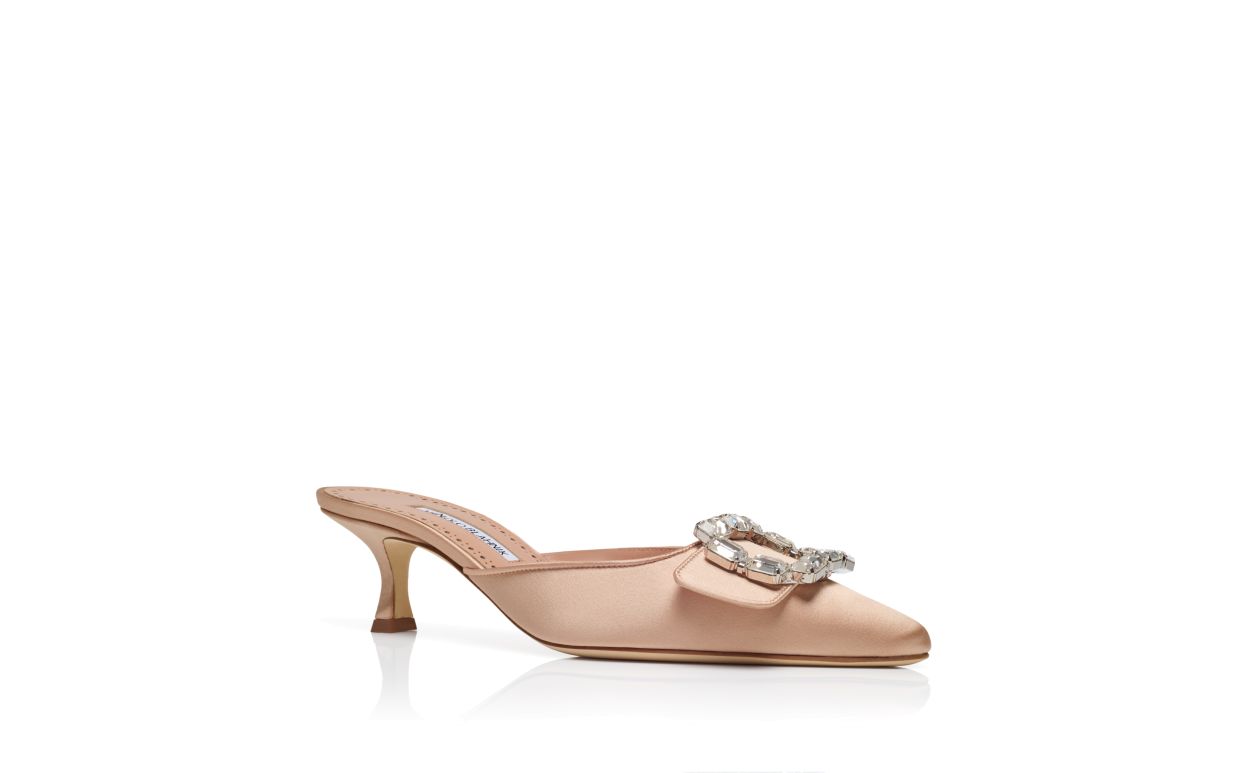 Beige Satin Crystal Buckle Mules