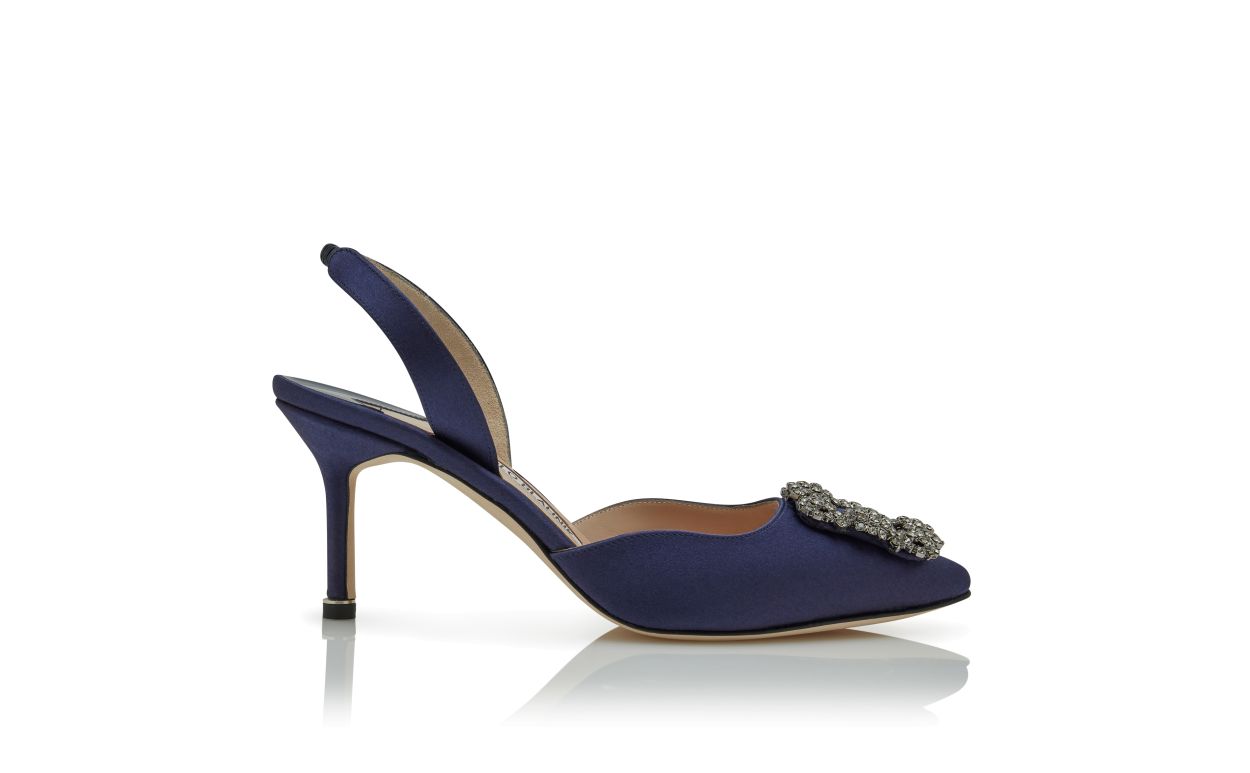 Navy Blue Satin Jewel Buckle Slingback Pumps