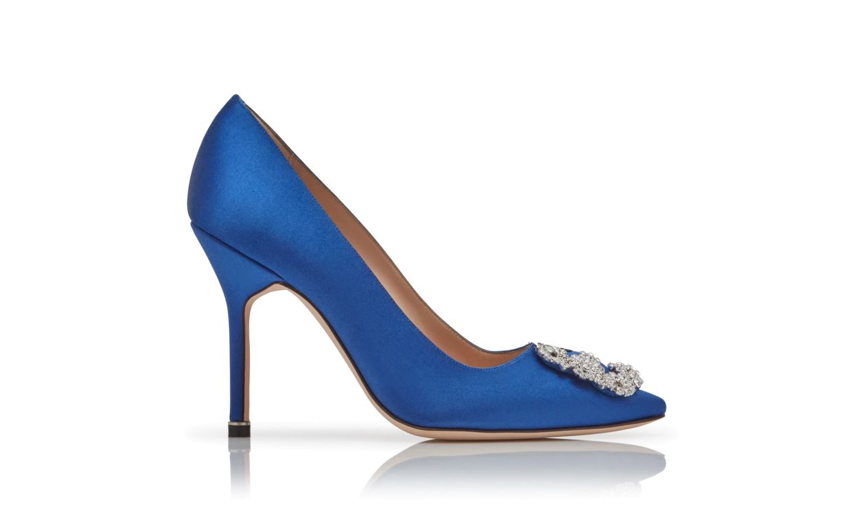 Blue Satin Jewel Buckle Pumps