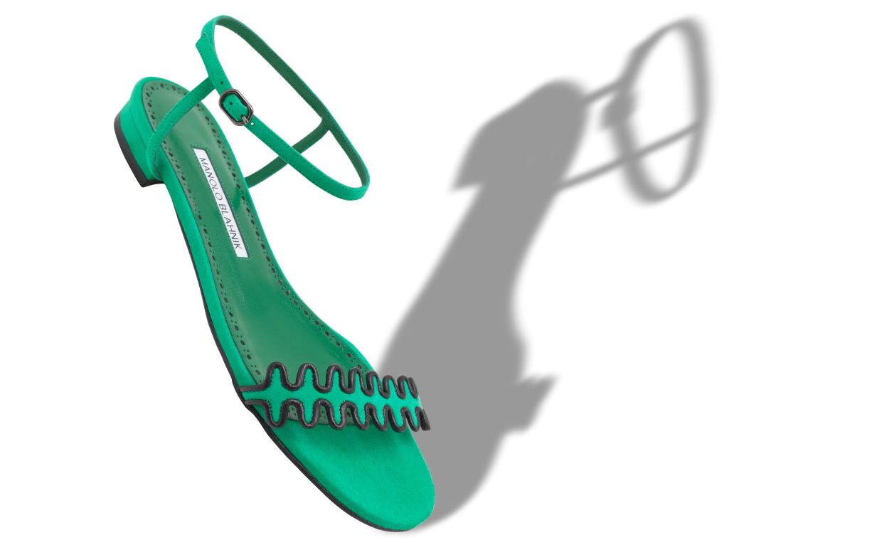 Green Suede Ankle Strap Flat Sandals