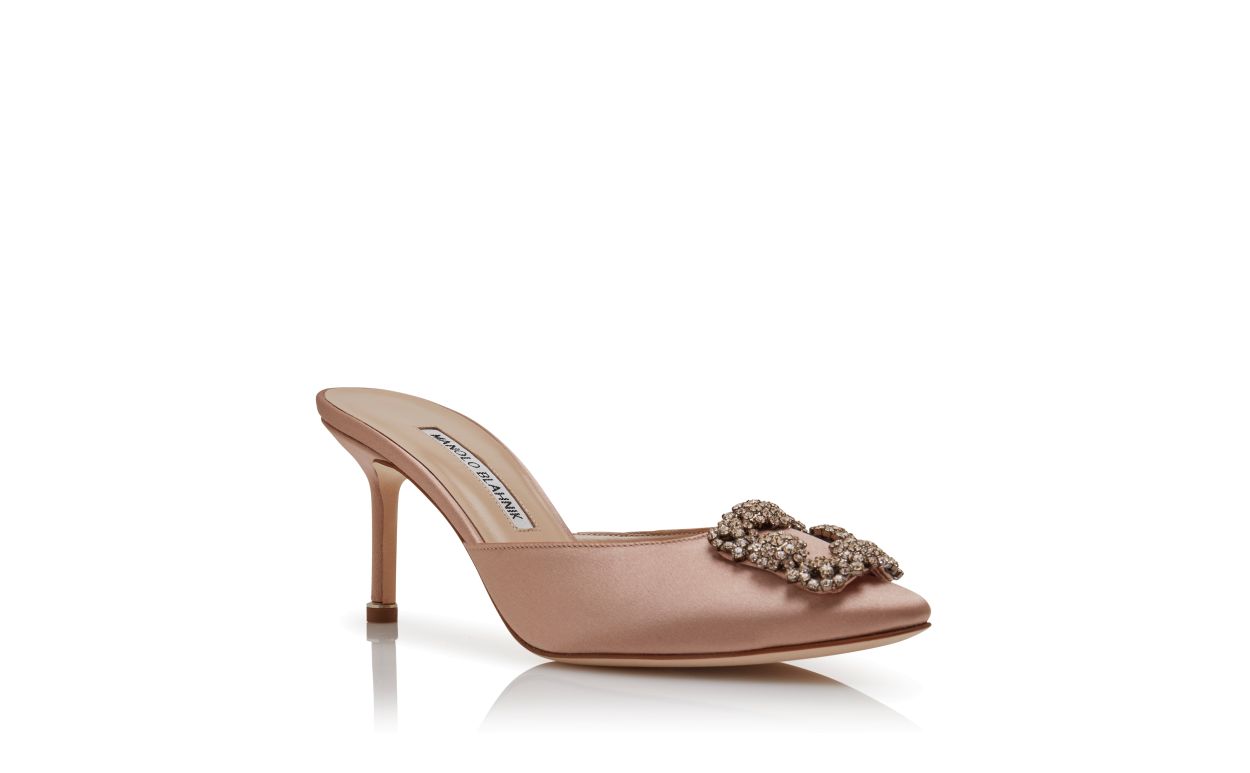 Beige Satin Jewel Buckle Mules