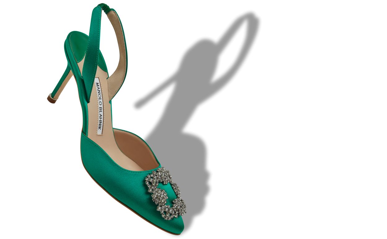 Green Satin Jewel Buckle Slingback Pumps