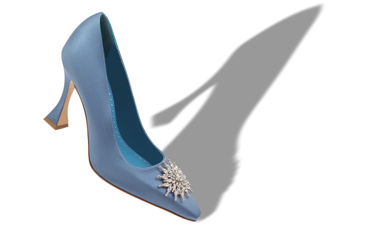 Blue Satin Crystal Embellished Pumps