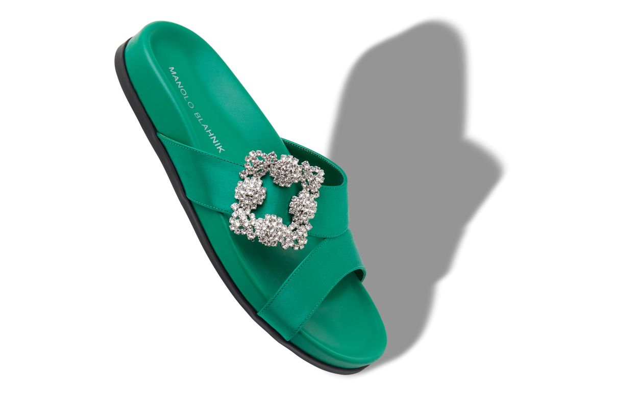 Green Satin Jewel Buckle Flat Mules
