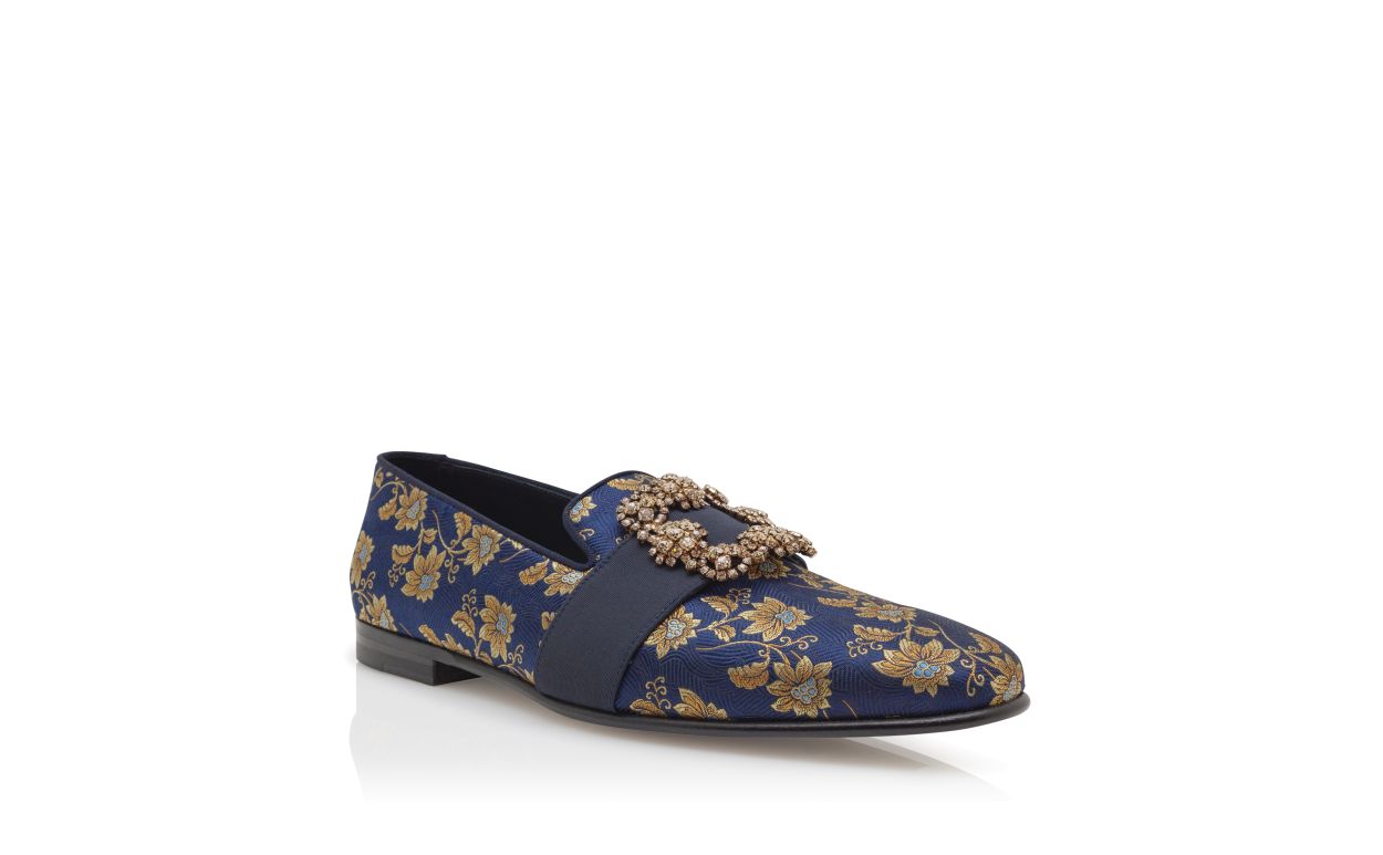 Navy Blue Floral Silk Jacquard Jewel Buckle Loafers