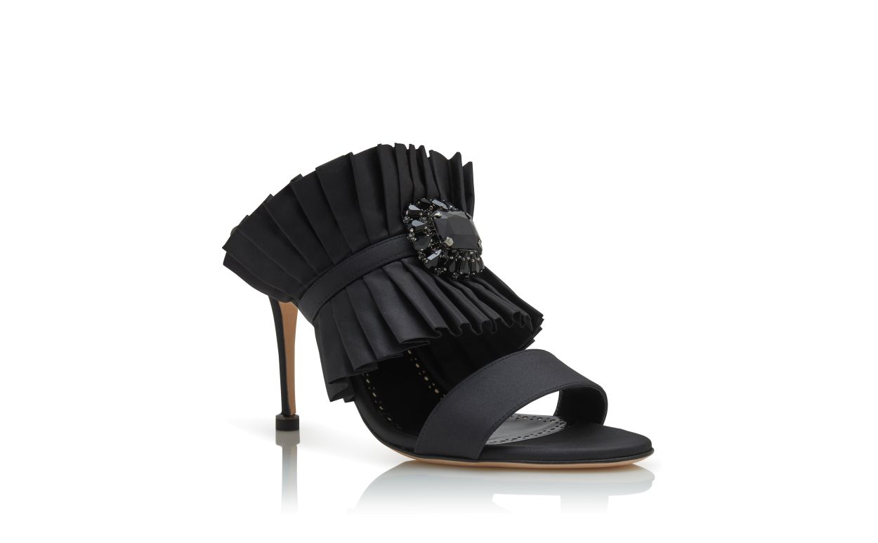 Black Silk Pleated Detail Mules