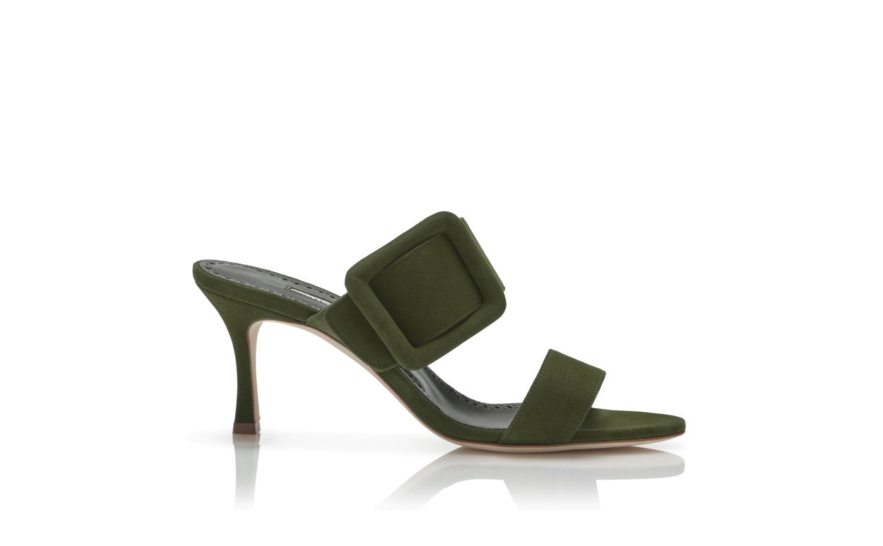Dark Khaki Green Suede Open Toe Mules