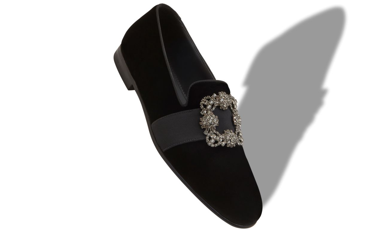 Black Velvet Jewel Buckle Loafers