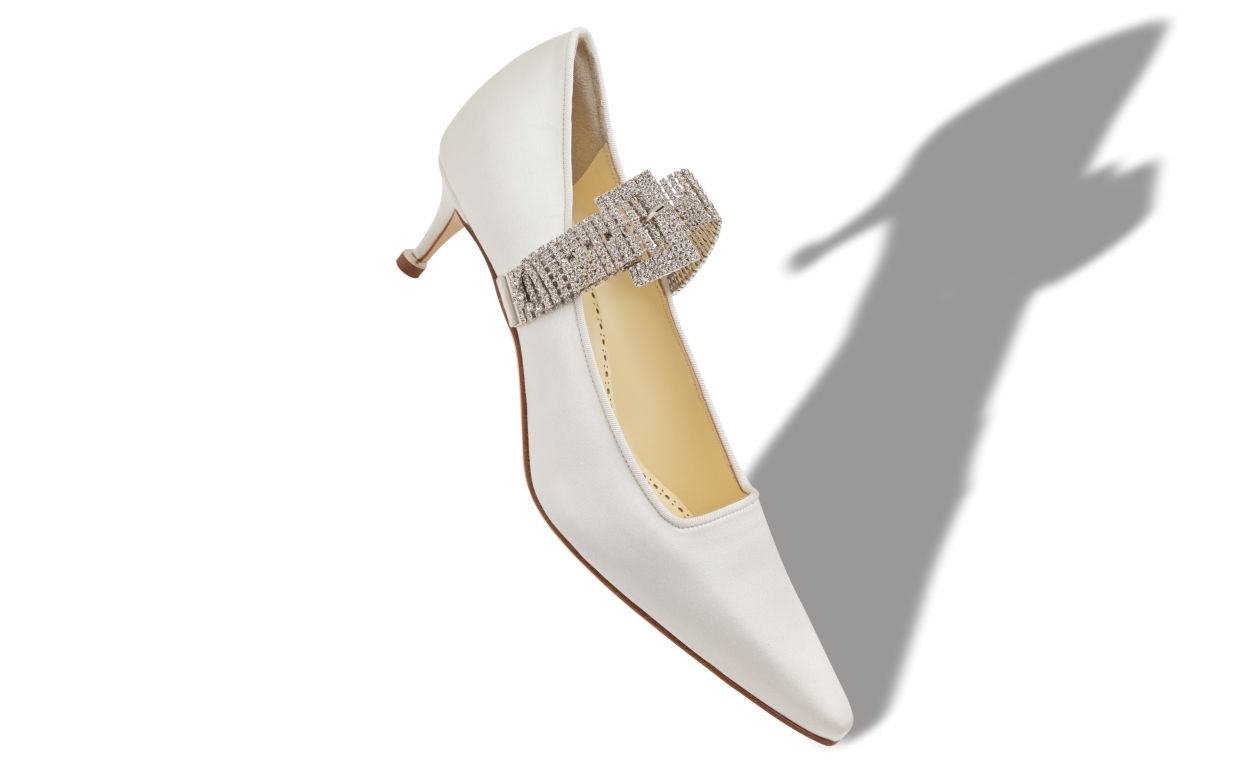Light Cream Satin Crystal Embellished Strap Pumps