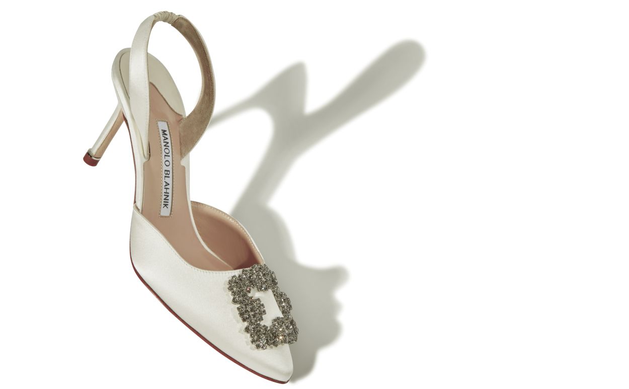 White Satin Jewel Buckle Slingback Pumps
