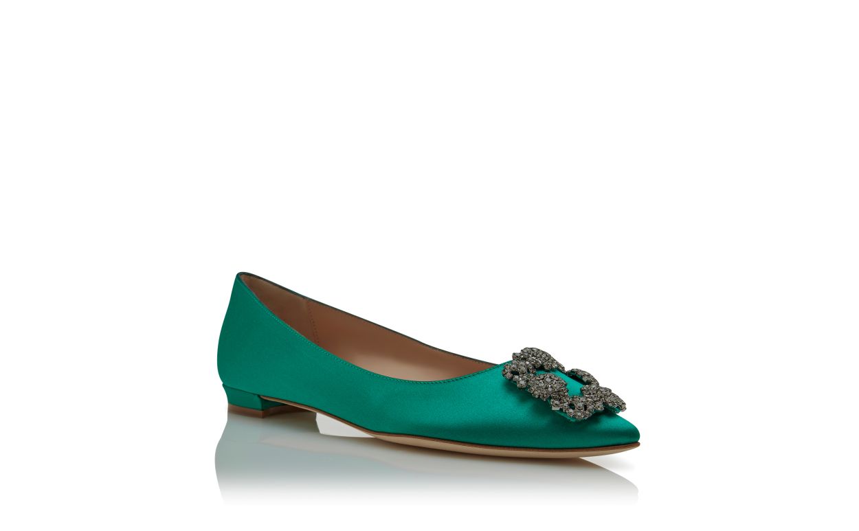 Green Satin Jewel Buckle Flat Pumps
