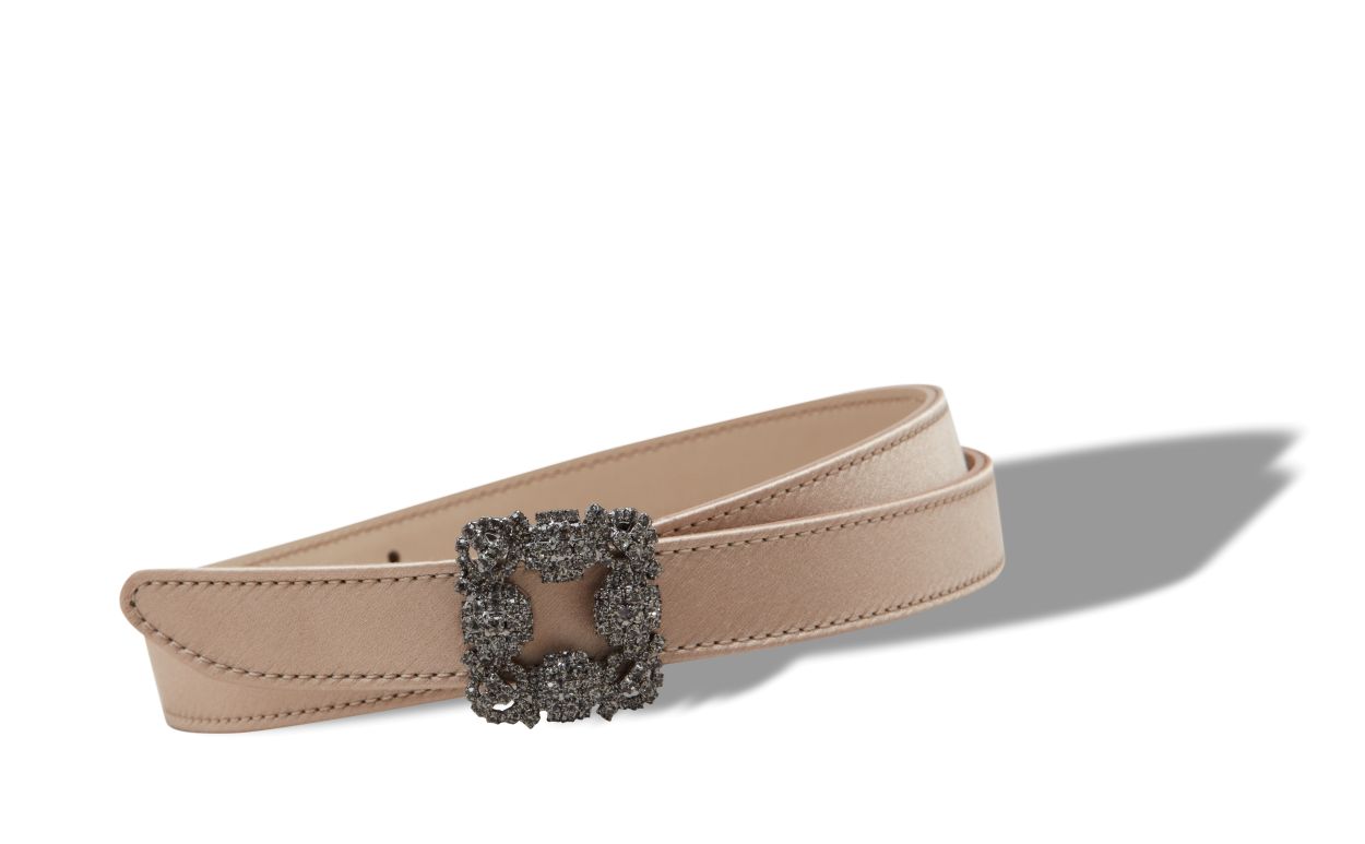 Light Beige Satin Crystal Buckled Belt