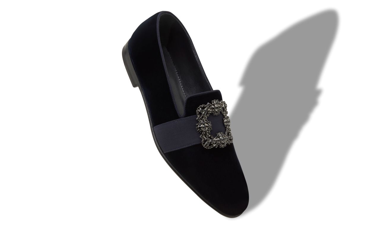 Dark Blue Velvet Jewelled Buckle Loafers