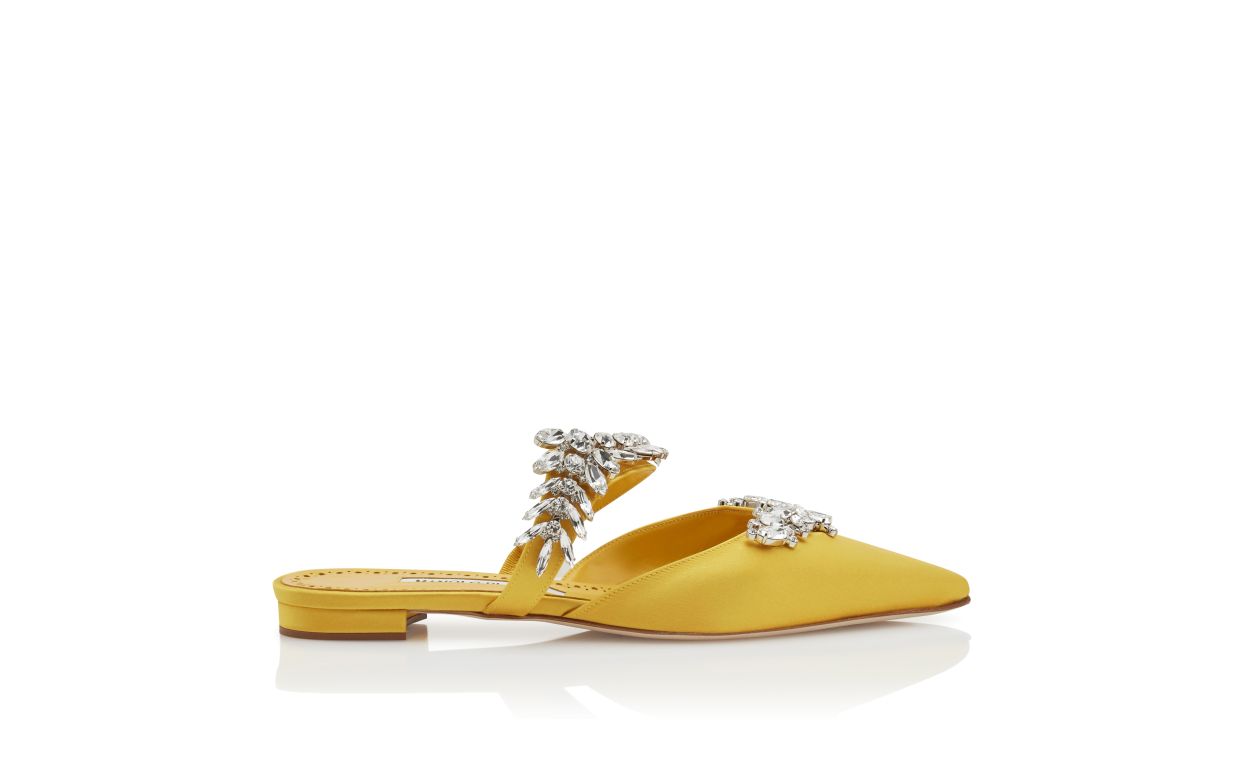 Yellow Satin Crystal Embellished Flat Mules