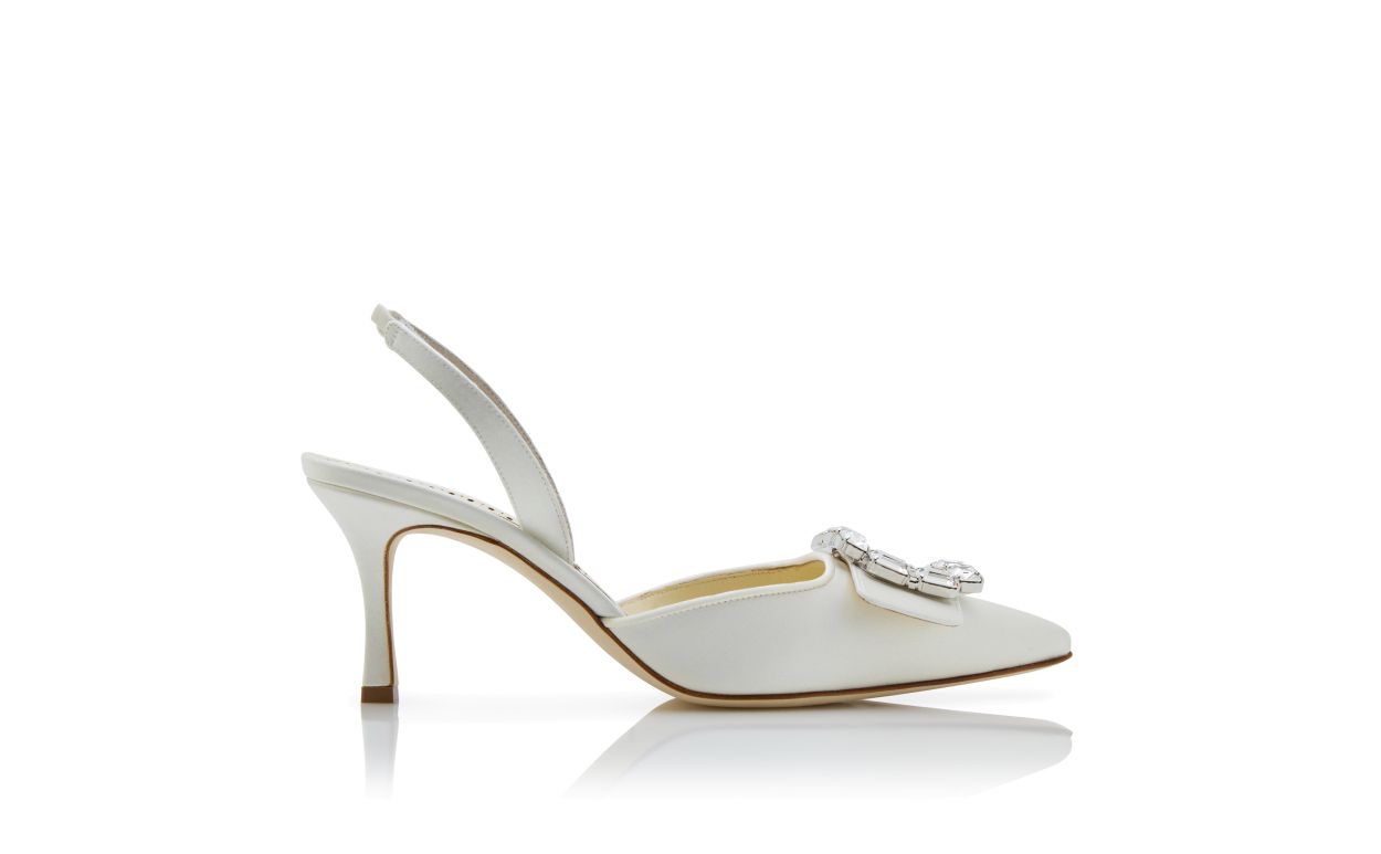 Cream Satin Crystal Buckle Slingback Pumps