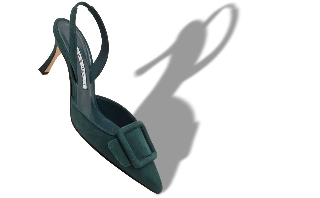 Dark Green Suede Buckle Detail Slingback Pumps