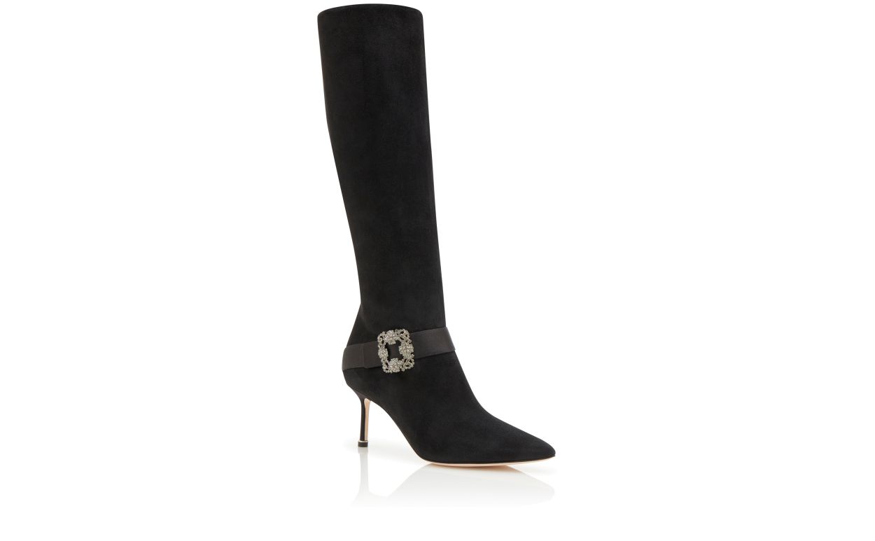 Black Suede Jewel Buckle Knee High Boots
