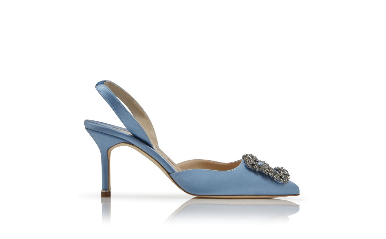Light Blue Satin Jewel Buckle Slingback Pumps