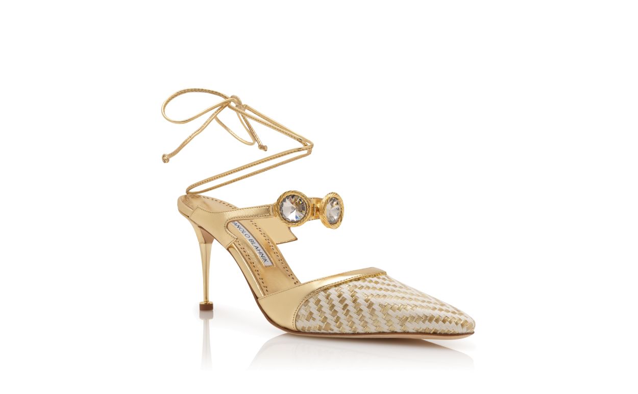 Gold Nappa Leather Crystal Embellished Ankle Strap Pumps Gold Nappa Leather Crystal Embellished Ankle Strap Pumps