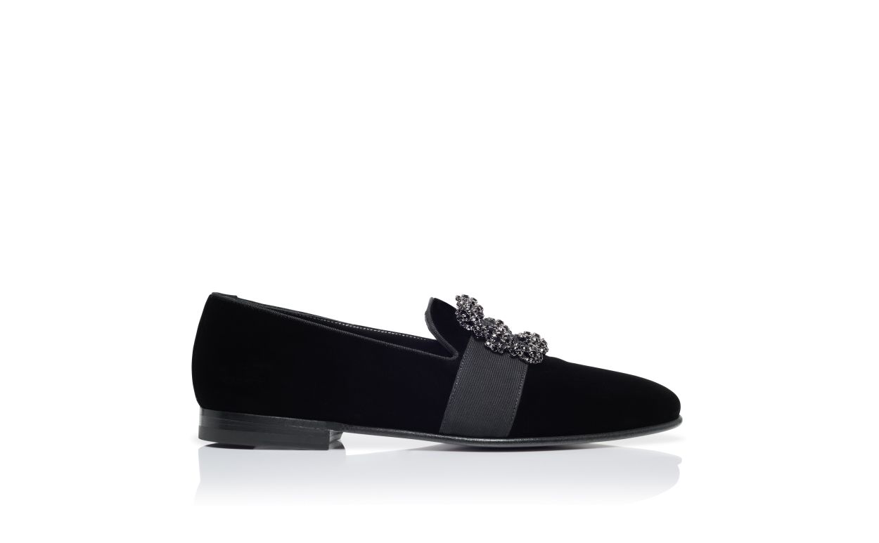 Black Velvet Jewel Buckle Loafers