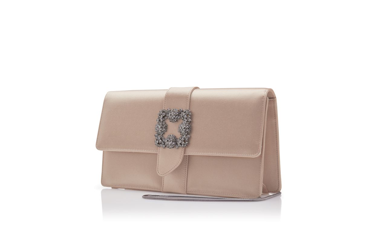 Beige Satin Jewel Buckle Clutch