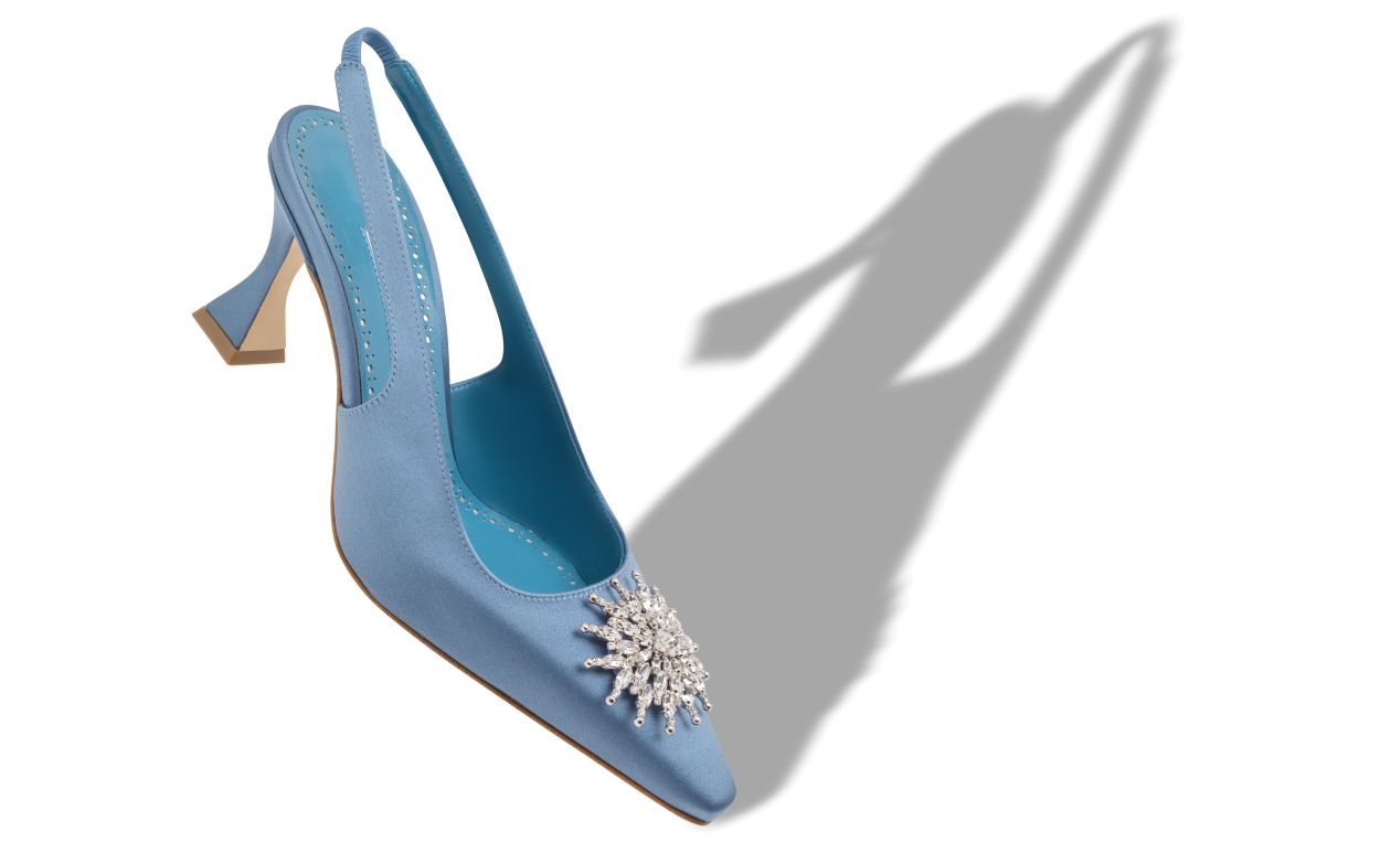 Blue Satin Crystal Embellished Slingback Pumps