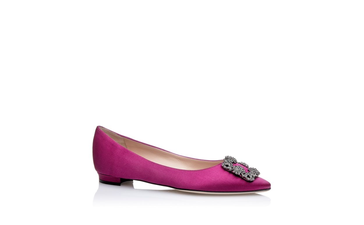 Dark Fuchsia Satin Jewel Buckle Flat Pumps