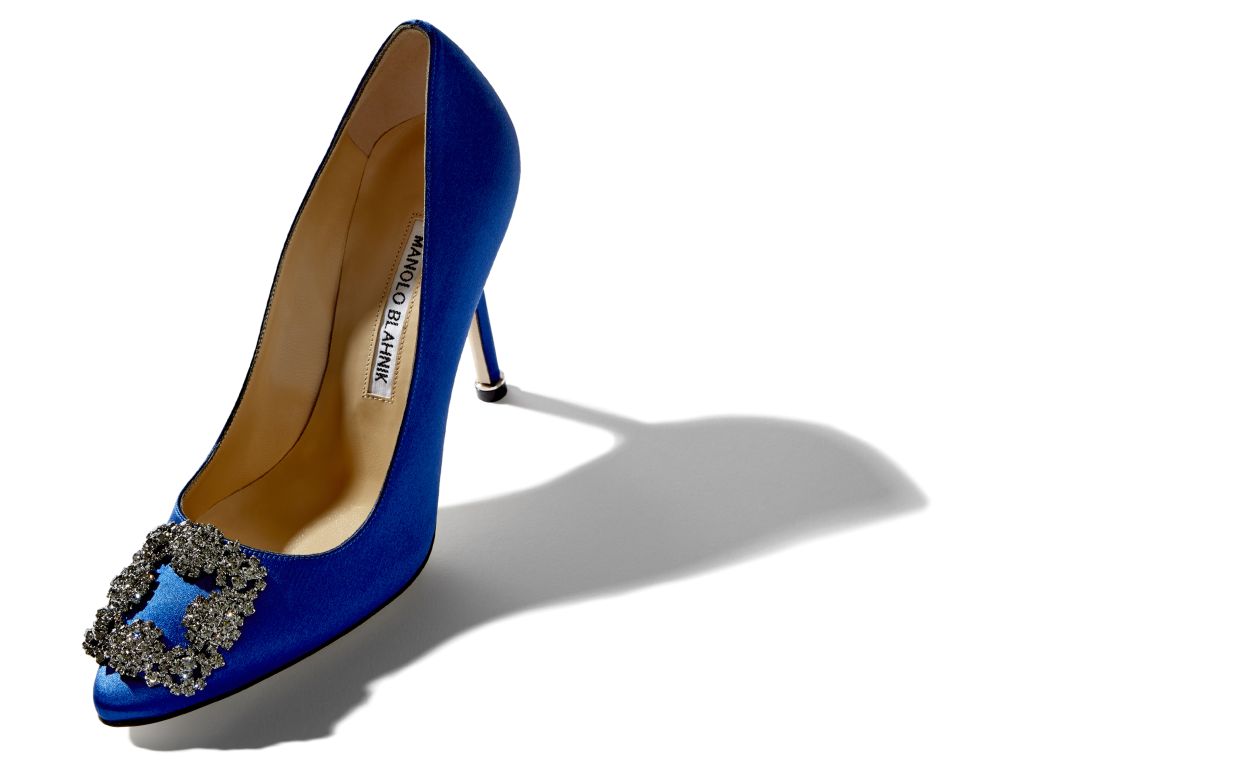 Blue Satin Jewel Buckle Pumps