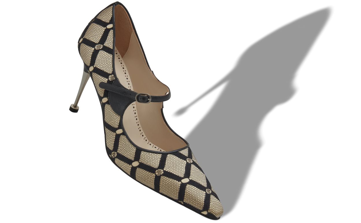 Light Beige and Black Mesh Mary Jane Pumps