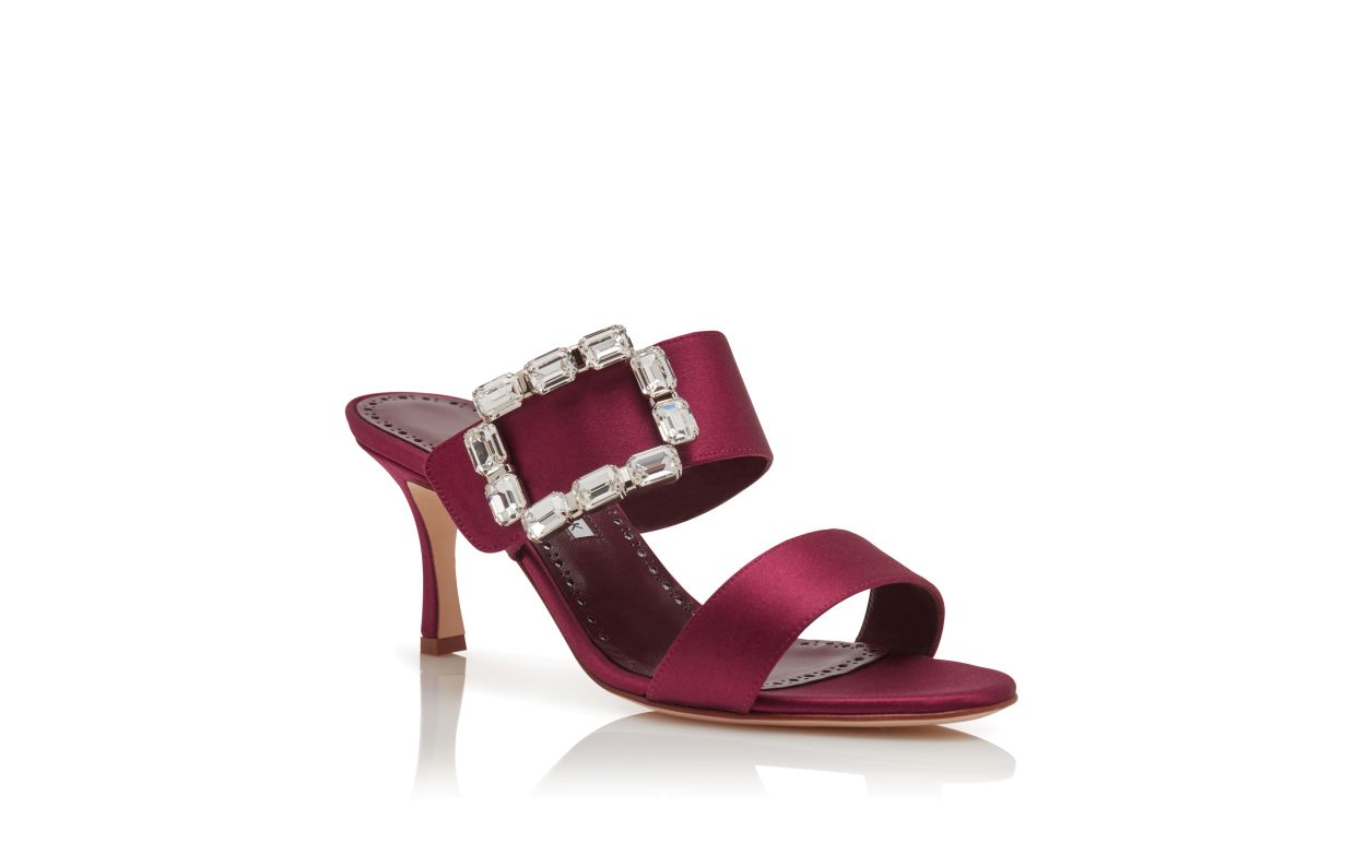 Dark Red Satin Crystal Buckle Mules