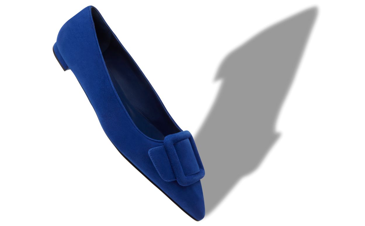 Blue Suede Buckle Detail Flat Pumps