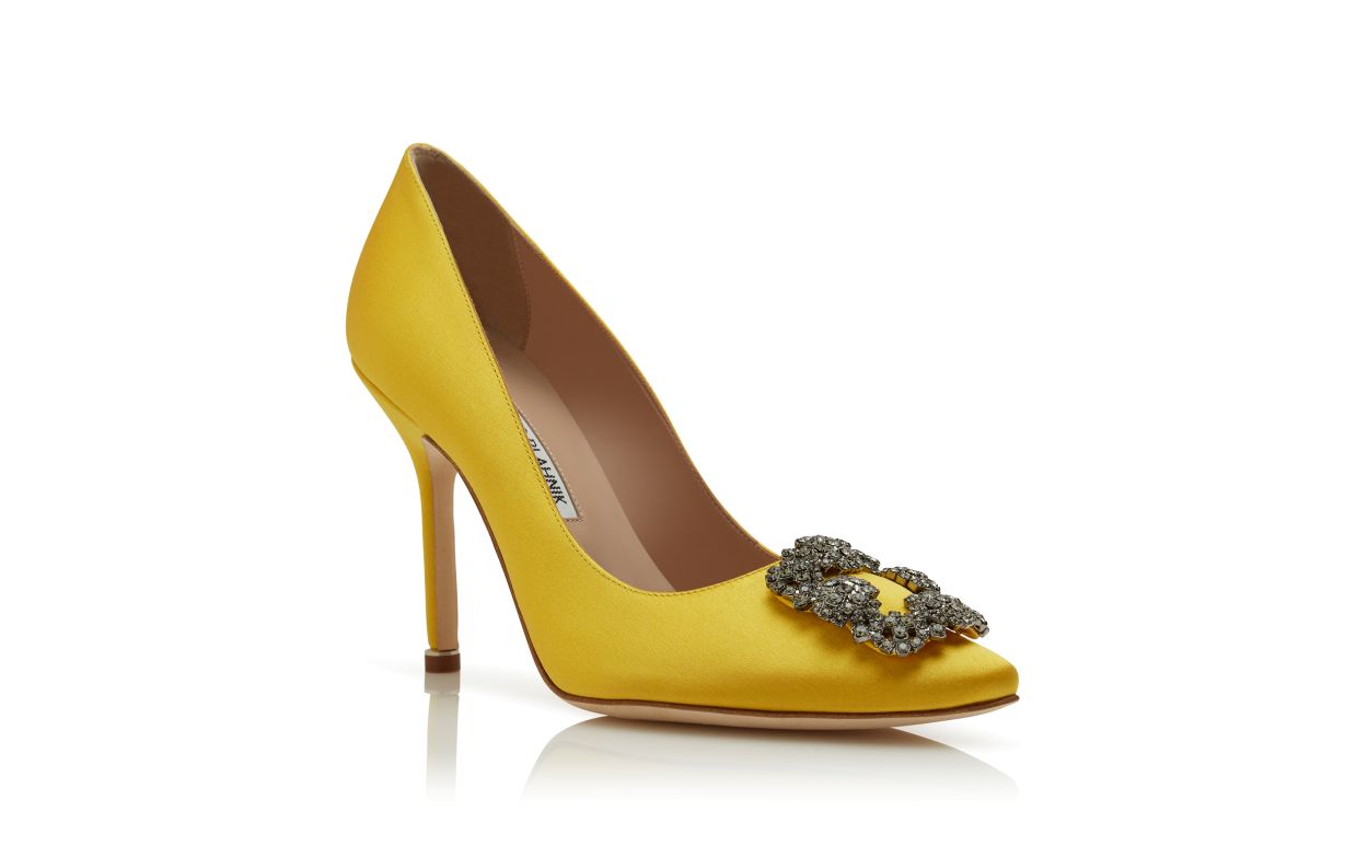 Yellow Satin Jewel Buckle Pumps