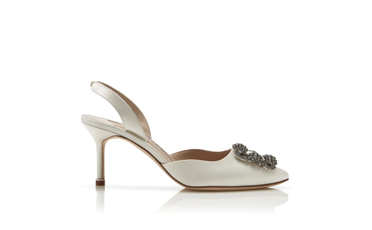 White Satin Jewel Buckle Slingback Pumps