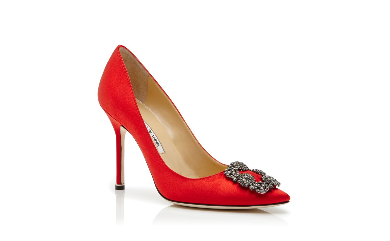 Red Satin Jewel Buckle Pumps