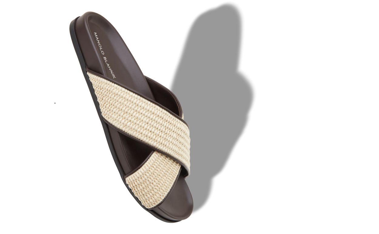 Dark Cream and Brown Raffia Flat Sandals