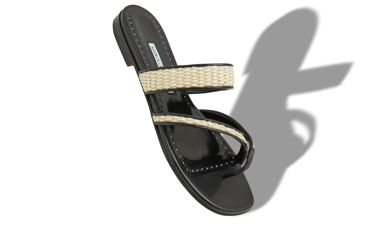 Black and Beige Raffia Flat Sandals