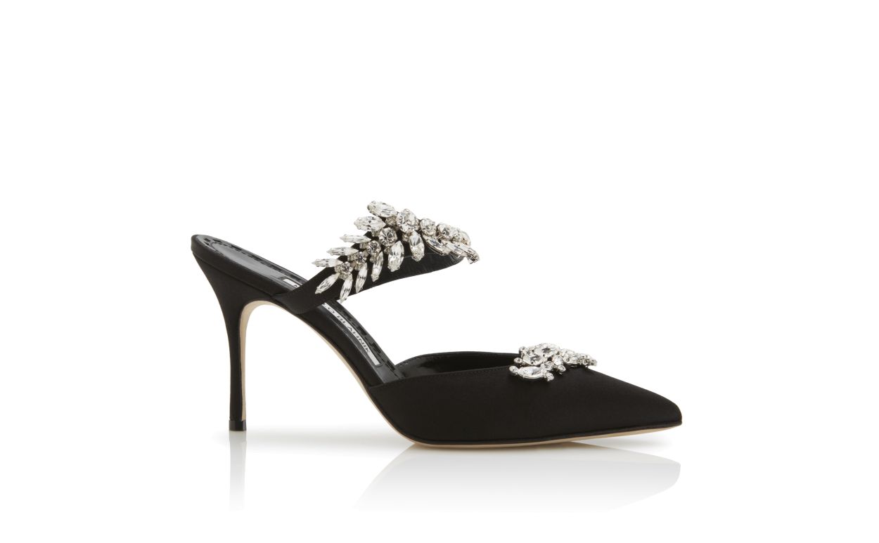 Black Satin Crystal Embellished Mules