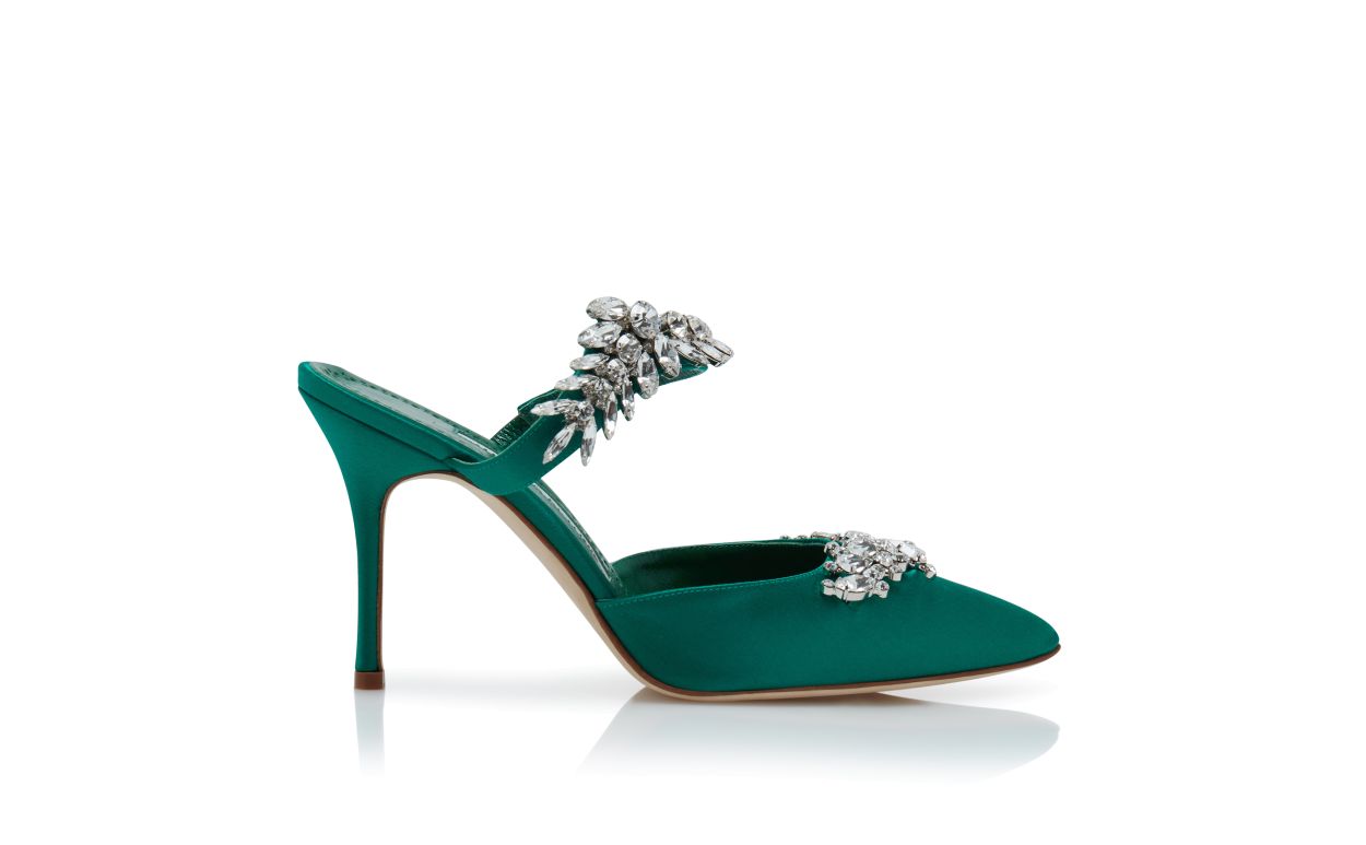 Green Satin Crystal Embellished Mules