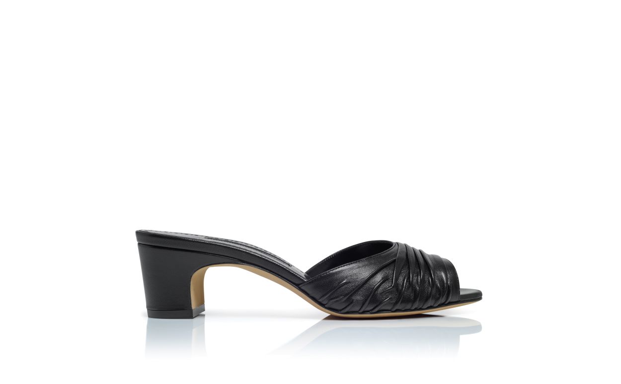 Black Nappa Leather Ruched Open Toe Mules